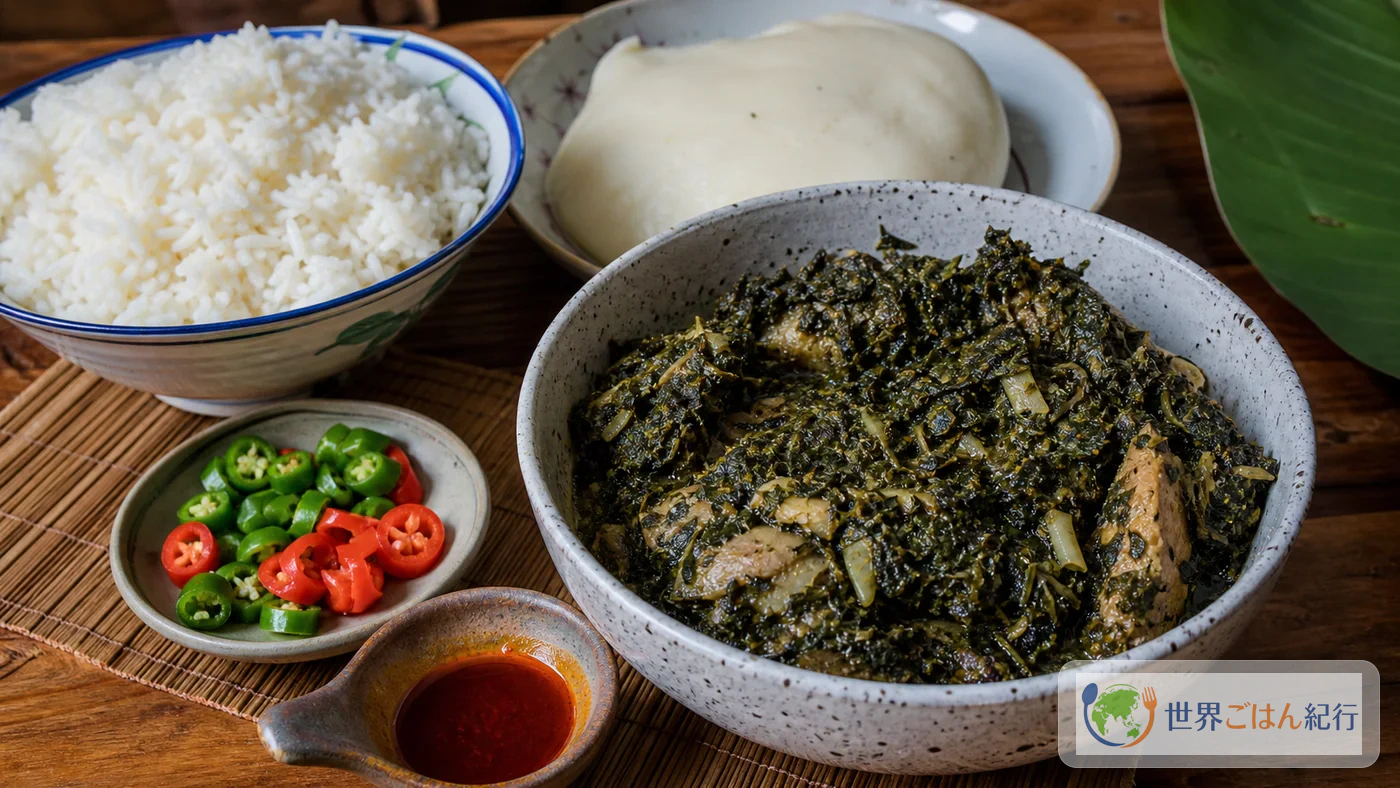 カメルーンのサンガをフフやご飯と並べた食卓