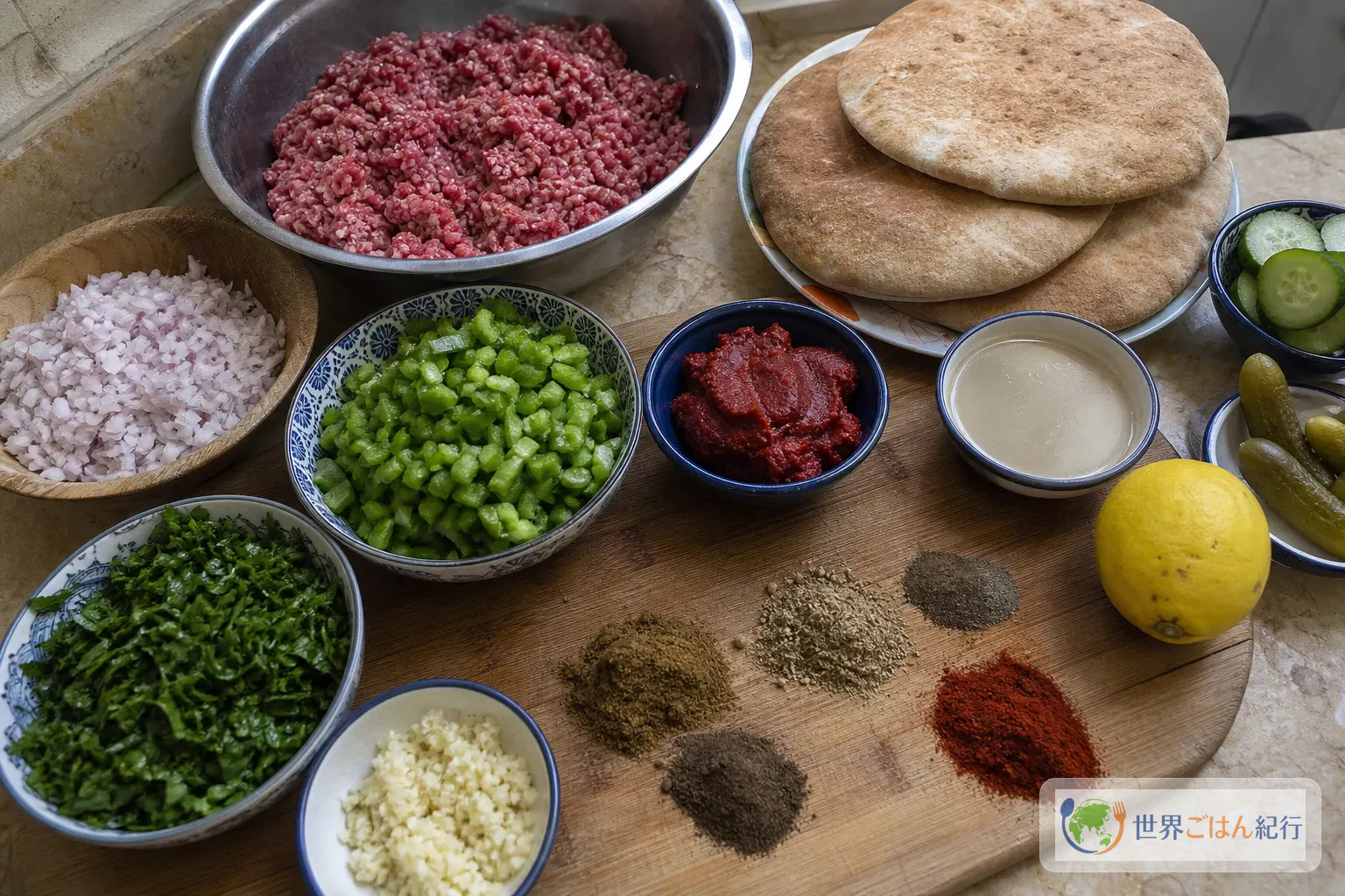 ホワーウシ用のピタ、牛ひき肉、玉ねぎ、ピーマン、パセリ、スパイス、タヒーニ、レモンを並べた材料