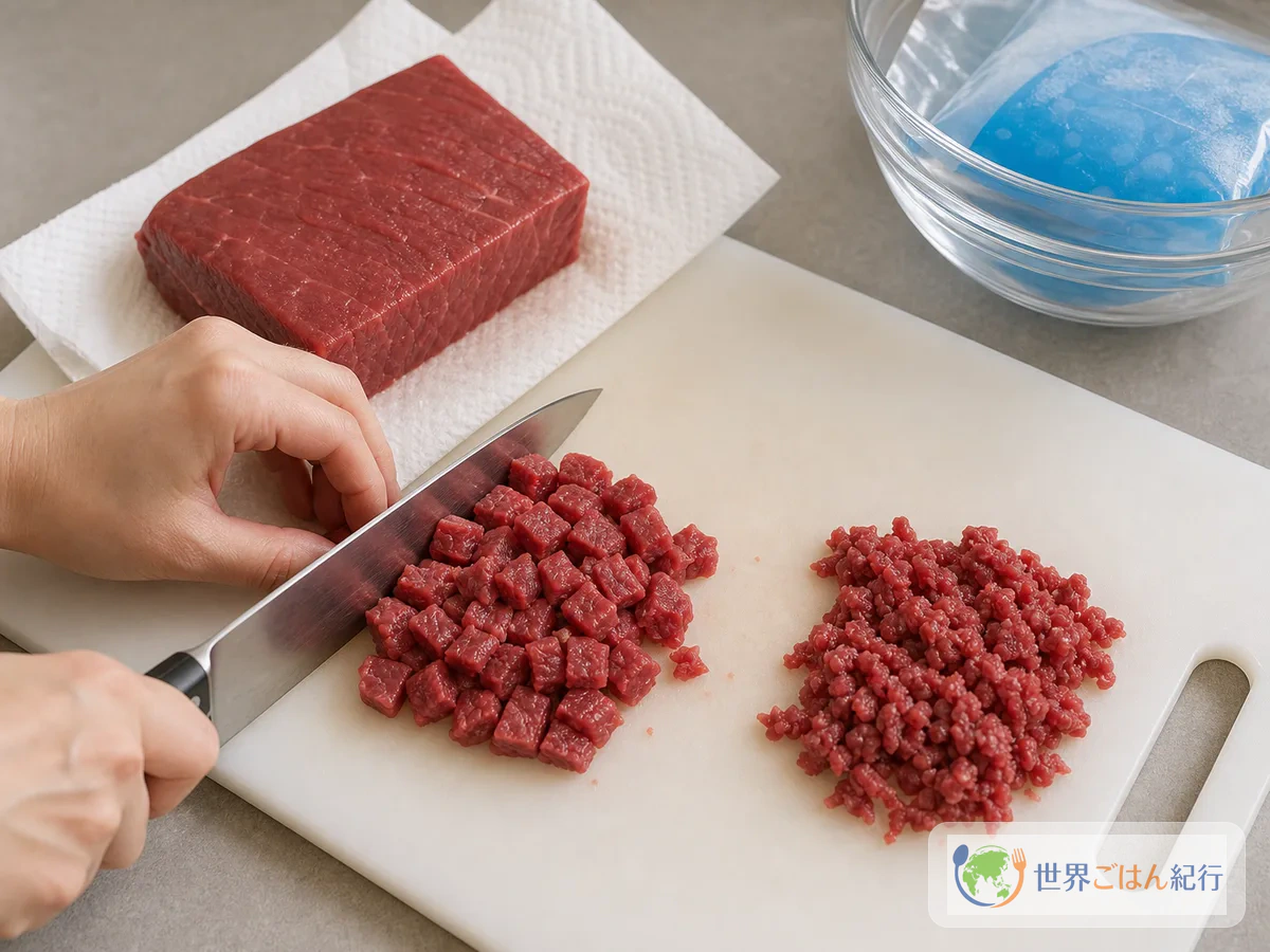 手順3: 牛肉を冷たいまま細かく刻む（8分）
