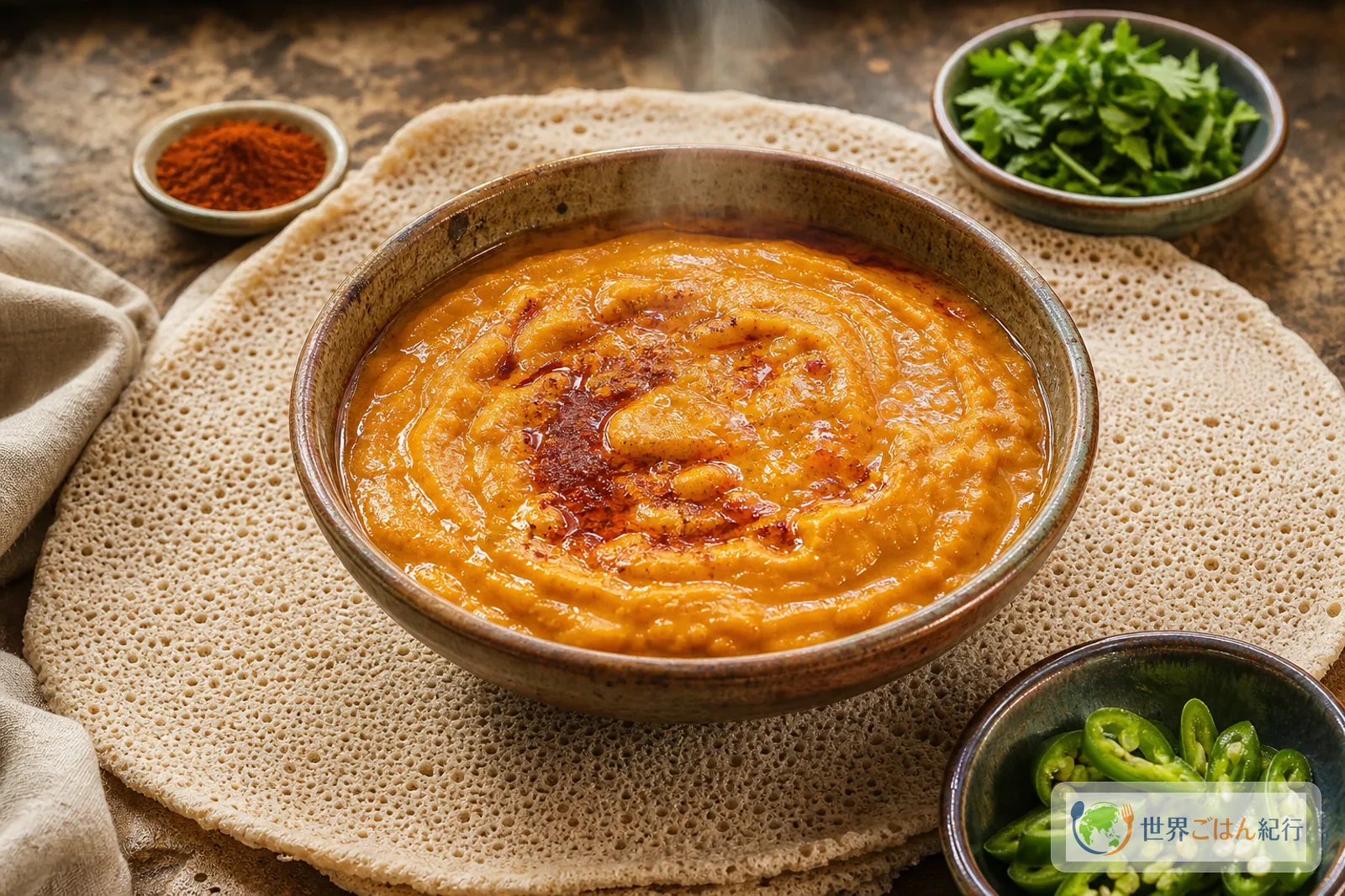 インジェラの上に盛ったエチオピアのシロワット。ひよこ豆粉とベルベレで作る豆シチュー