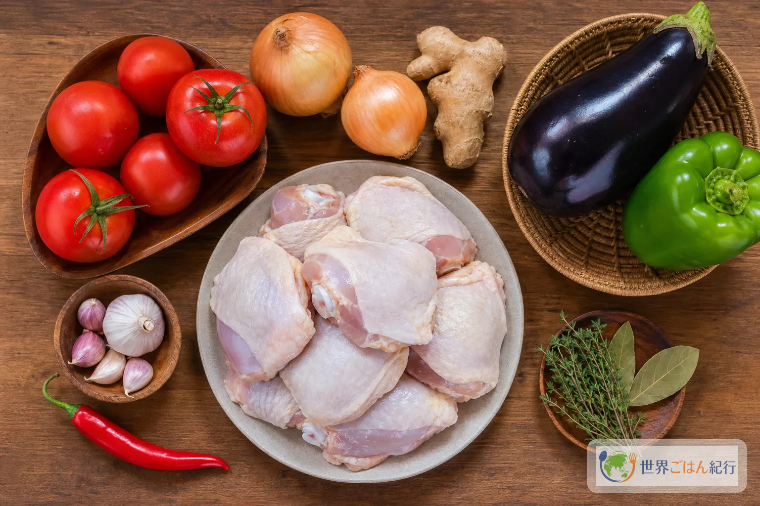 玉ねぎ、トマト、なす、ピーマン、しょうが、にんにく、骨付き鶏もも肉を並べたケジェヌの材料