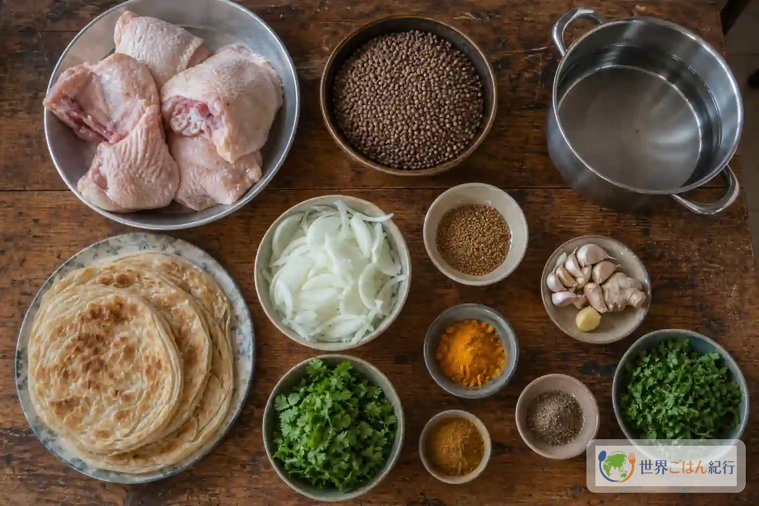 ルフィサの材料。鶏もも肉、レンズ豆、フェヌグリーク、ムセメン、玉ねぎ、香菜、モロッコのスパイスを並べている