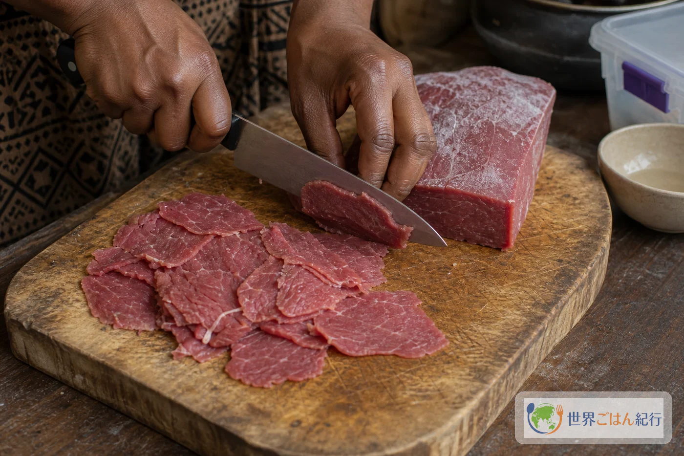 手順1: 肉を半凍りにして薄く切る