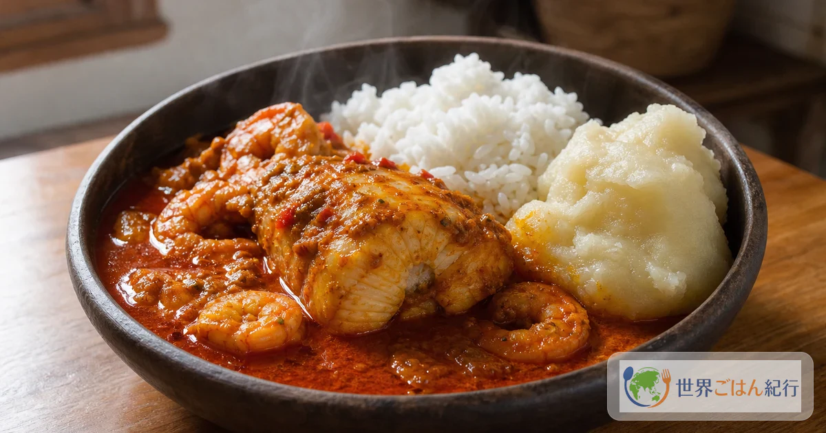 赤いパームナッツスープの中央に白身魚とえびを盛り、黄色いキャッサバの主食を添えたバンガスープ