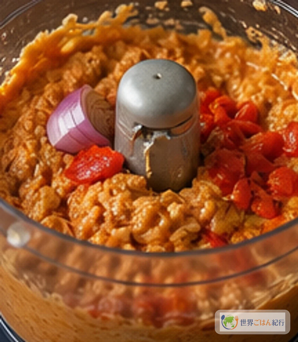 赤パプリカと黒目豆をフードプロセッサーで濃いモイモイ生地へしている道具の寄り