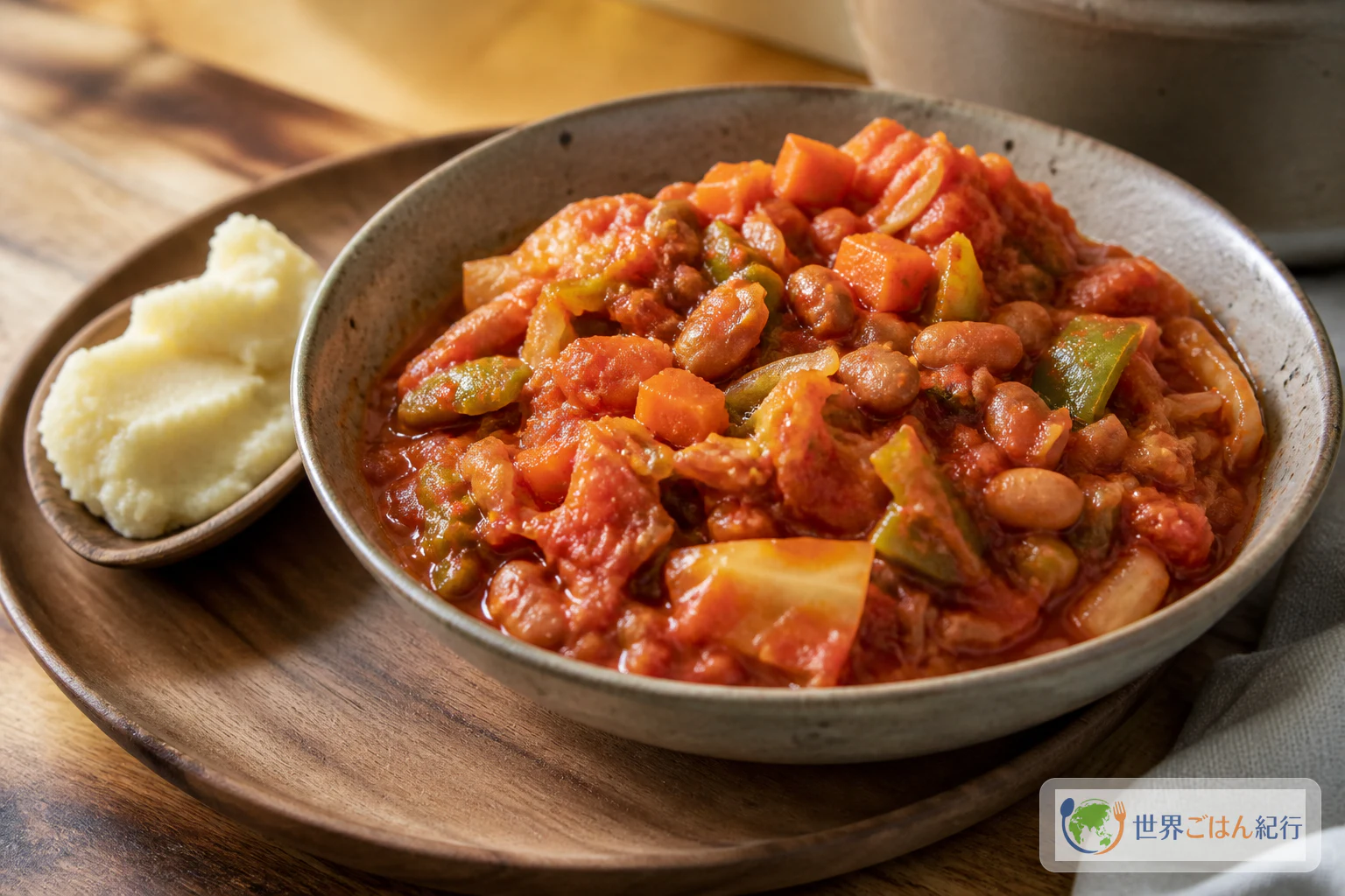 南アフリカのチャカラカ。カレーの香りが立つトマト色の野菜と豆のレリッシュを白い器に盛った様子