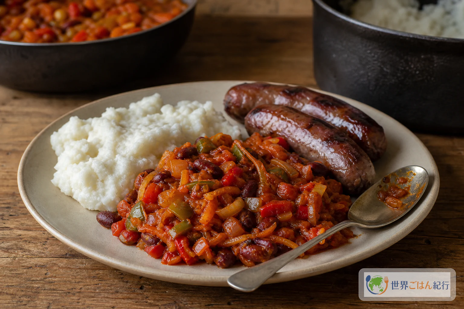 チャカラカの盛り付け。パップと焼いたソーセージの横に、野菜と豆のレリッシュを添えた食卓