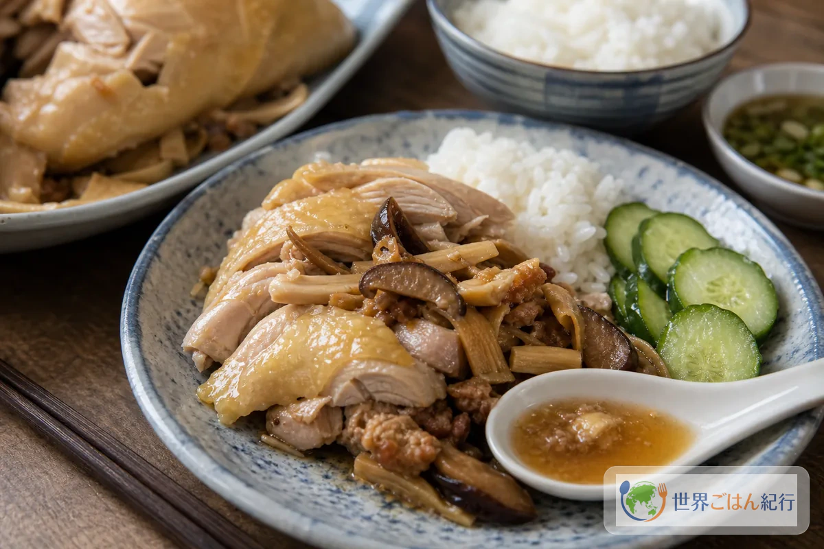 切り分けた叫化鶏を小皿に盛り、ご飯ときゅうり、肉汁を添えた一皿