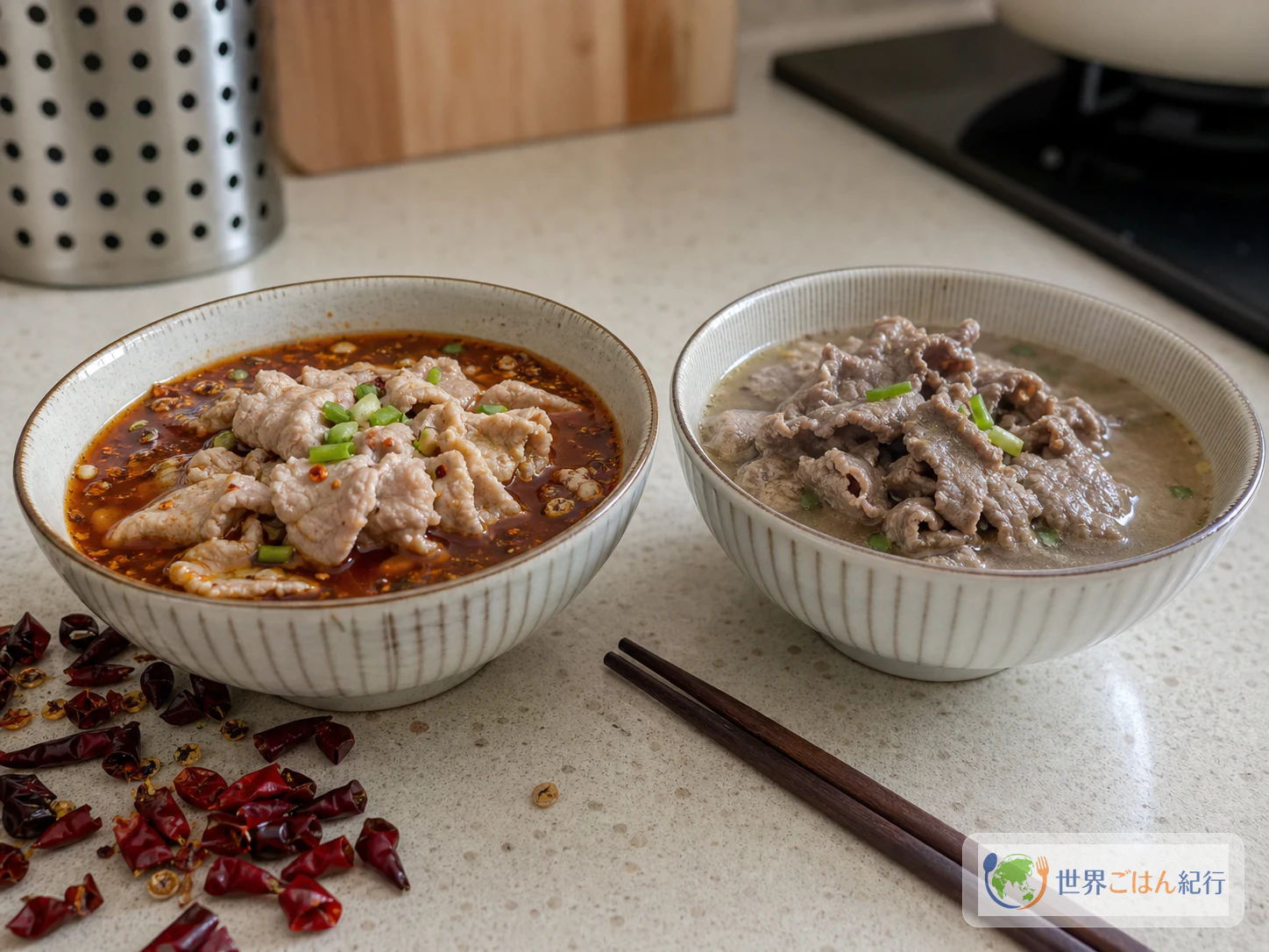 赤い油で仕上げた水煮牛肉と、色が薄く肉が硬く見える水煮牛肉を並べた失敗比較