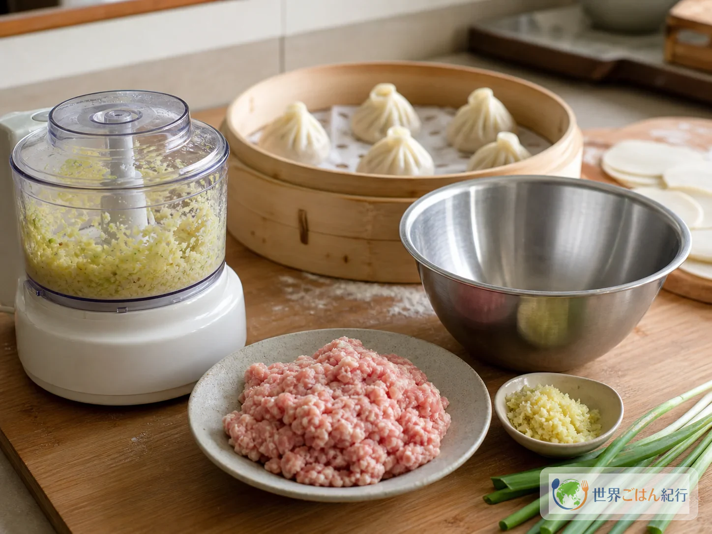 小型フードプロセッサー、豚肉、しょうが、長ねぎを小籠包の餡づくり用に並べた買い出し写真