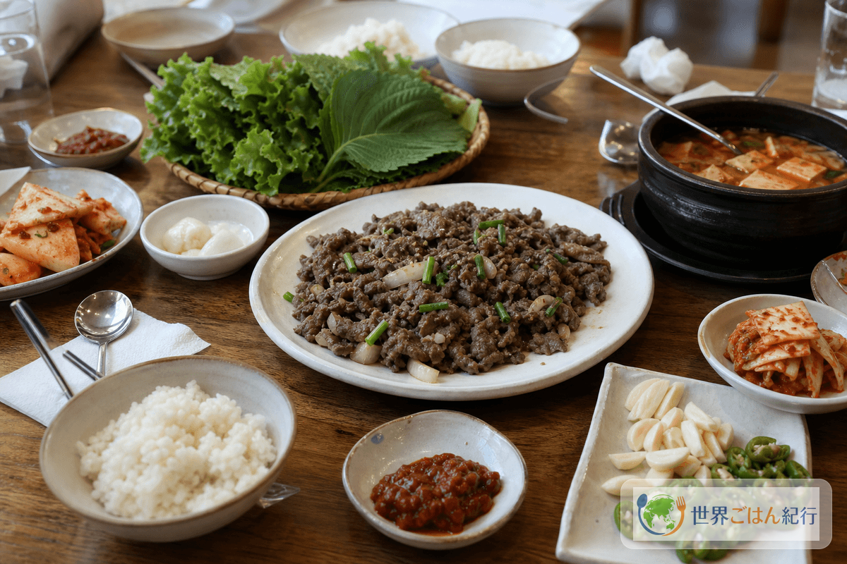 ブルゴギ、サンチュ、キムチ、テンジャンチゲを並べた韓国の食卓