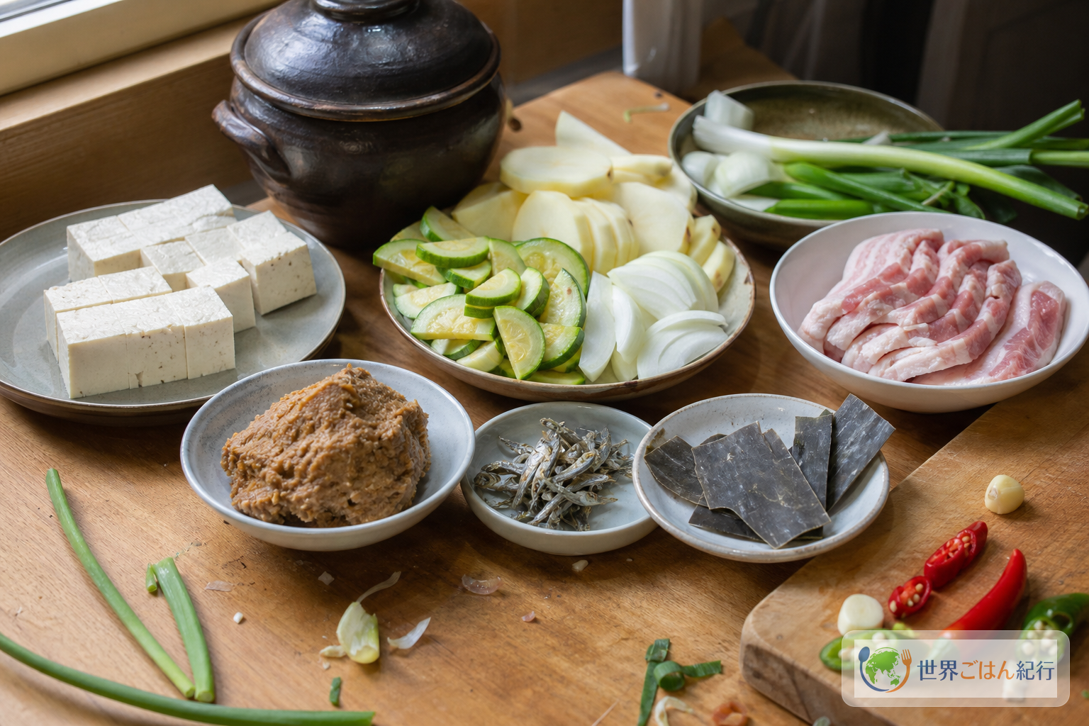 テンジャン、豆腐、ズッキーニ、じゃがいも、煮干し、昆布、豚肉を並べた材料