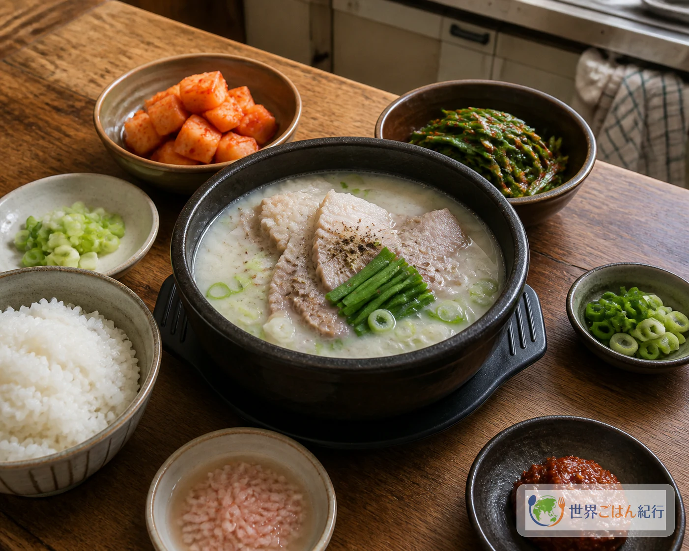 テジクッパ、カクテキ、にら和え、새우젓、タデギ、白ご飯を木の食卓に並べた韓国の食卓