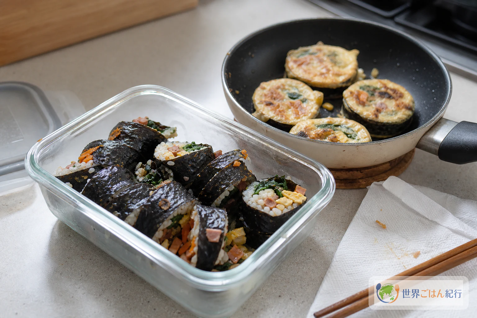 保存容器に入れたキンパと、卵をからめて焼き直したキンパを並べた台所