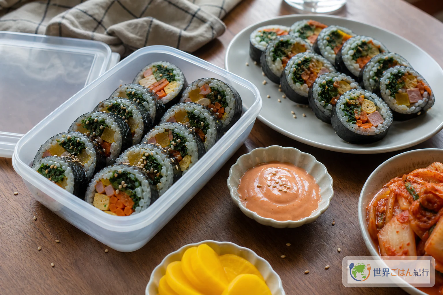 キンパを弁当箱と皿に盛り、キムチとたくあんを添えた食卓
