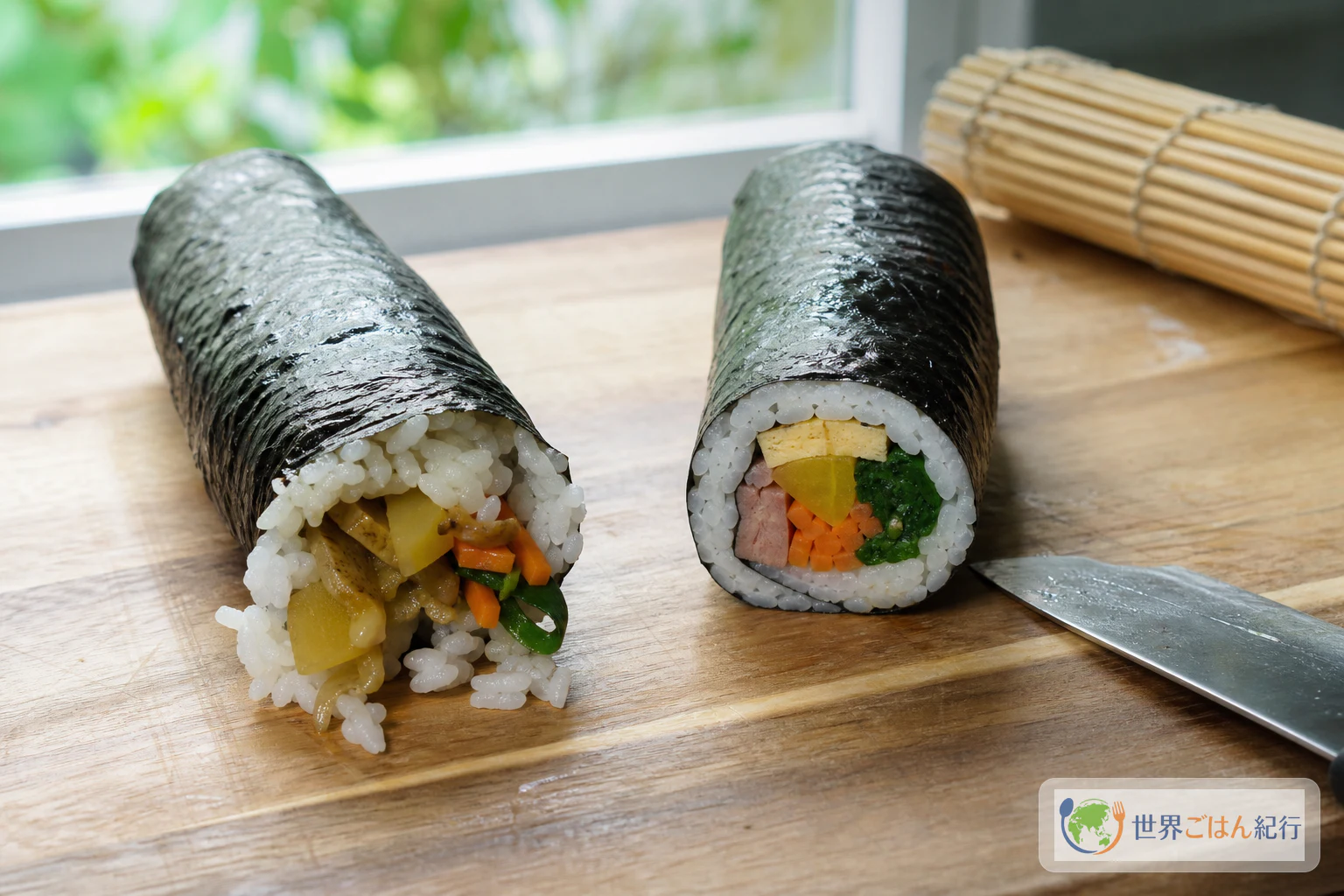 水分で崩れたキンパと、薄いご飯で整ったキンパの断面を比べた状態