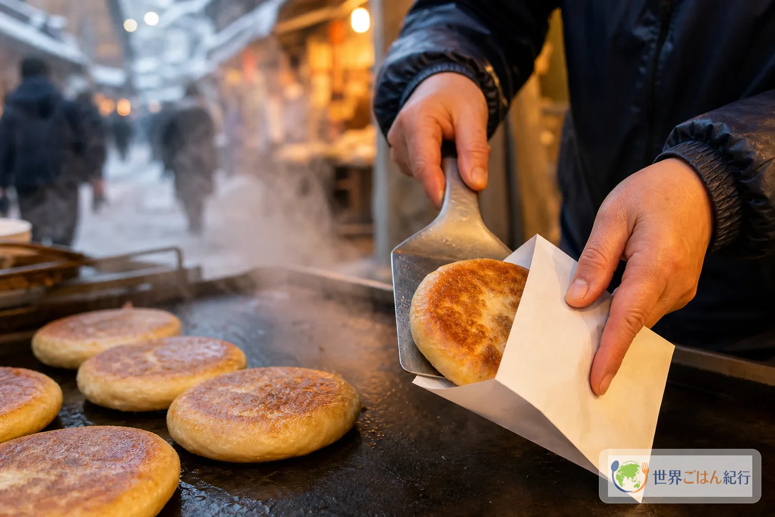 冬の屋台で焼き上がったホットクを紙袋へ移す手元