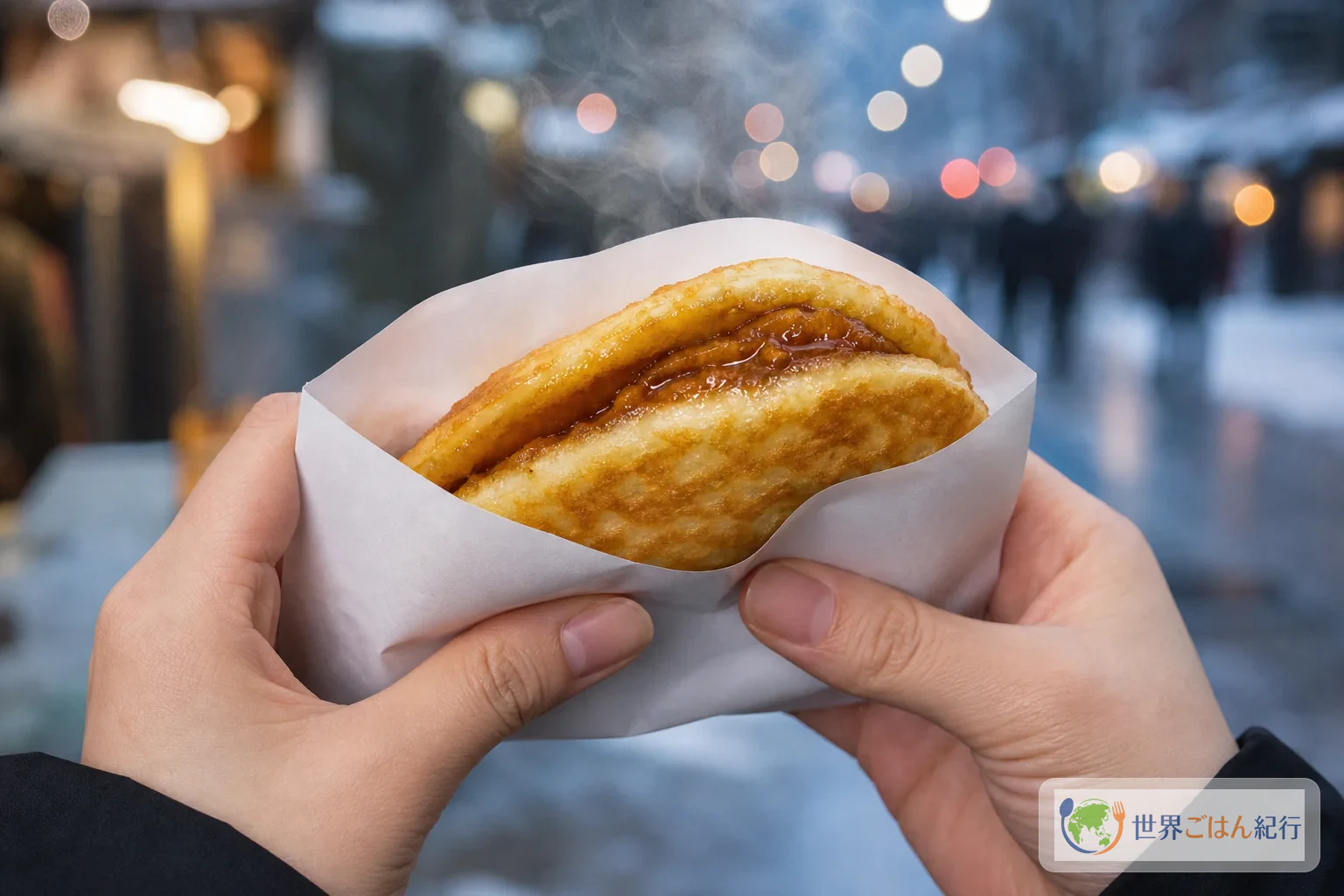 焼きたてのホットクを紙袋に入れ、割れ目から黒糖の蜜が見えている様子