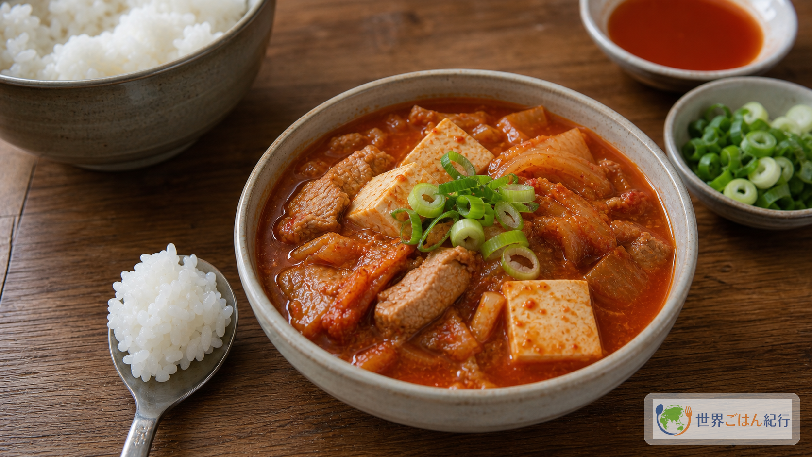取り分けたキムチチゲ、白ご飯、キムチの漬け汁、青ねぎを置いた食卓