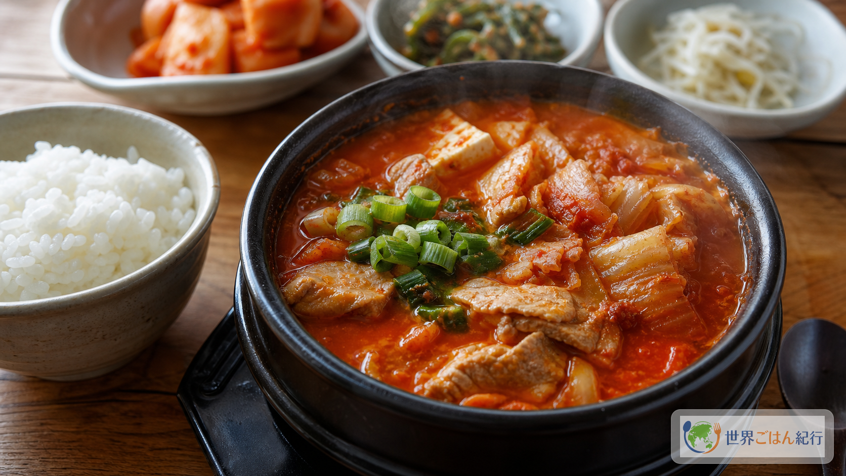 熟成キムチ、豚肉、豆腐、青ねぎを赤いスープで煮た韓国のキムチチゲ