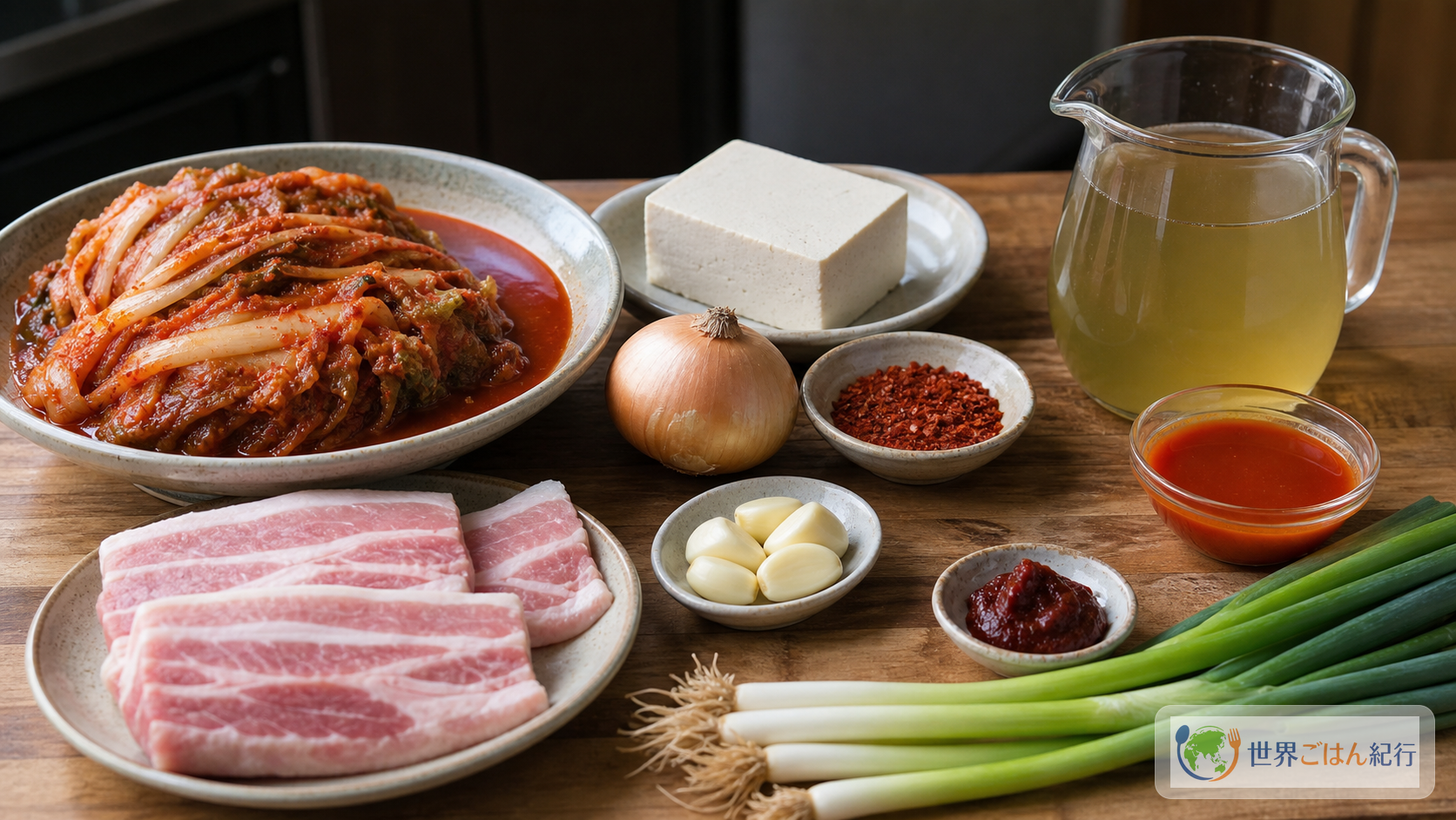 熟成キムチ、豆腐、豚バラ、玉ねぎ、にんにく、コチュカル、コチュジャン、煮干し昆布だしを並べた材料