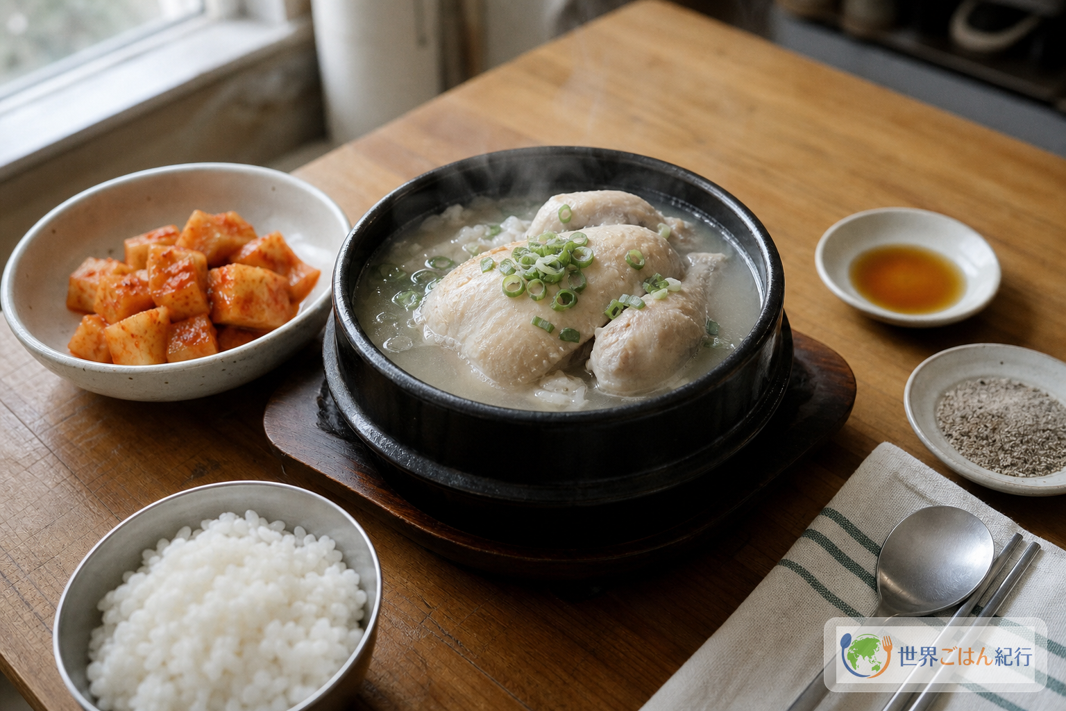 黒い石鍋に盛ったサムゲタンと塩こしょう、キムチを並べた韓国の食卓