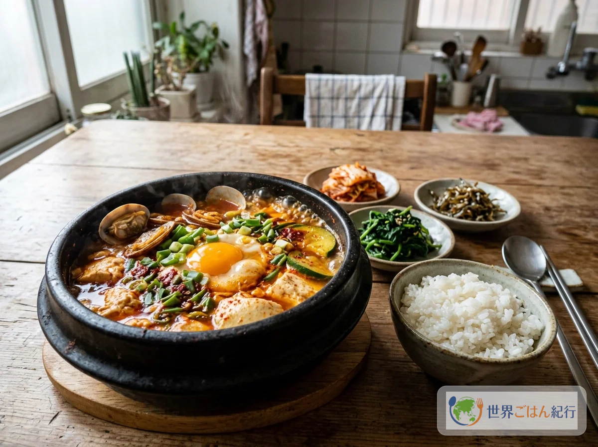 土鍋の中でぐつぐつと煮える、あさりと柔らかい豆腐、卵が入った赤いスンドゥブチゲ