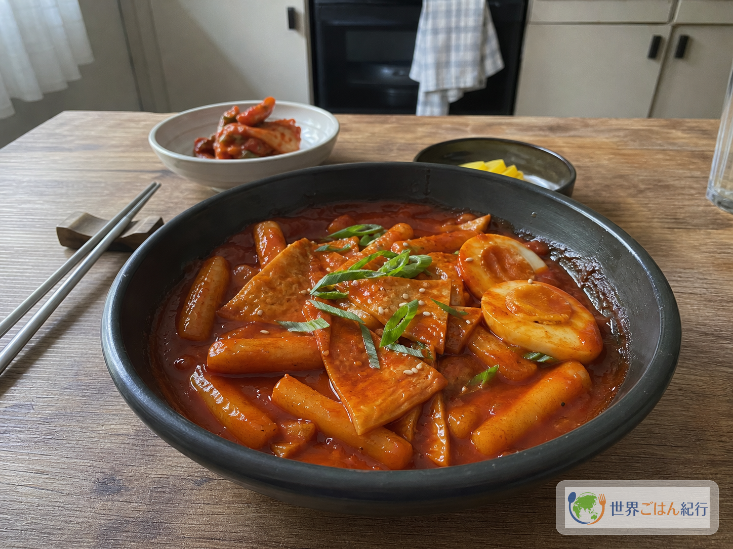 韓国の丸い餅、韓国おでん、ゆで卵を赤い甘辛ソースで煮絡めたトッポッキ