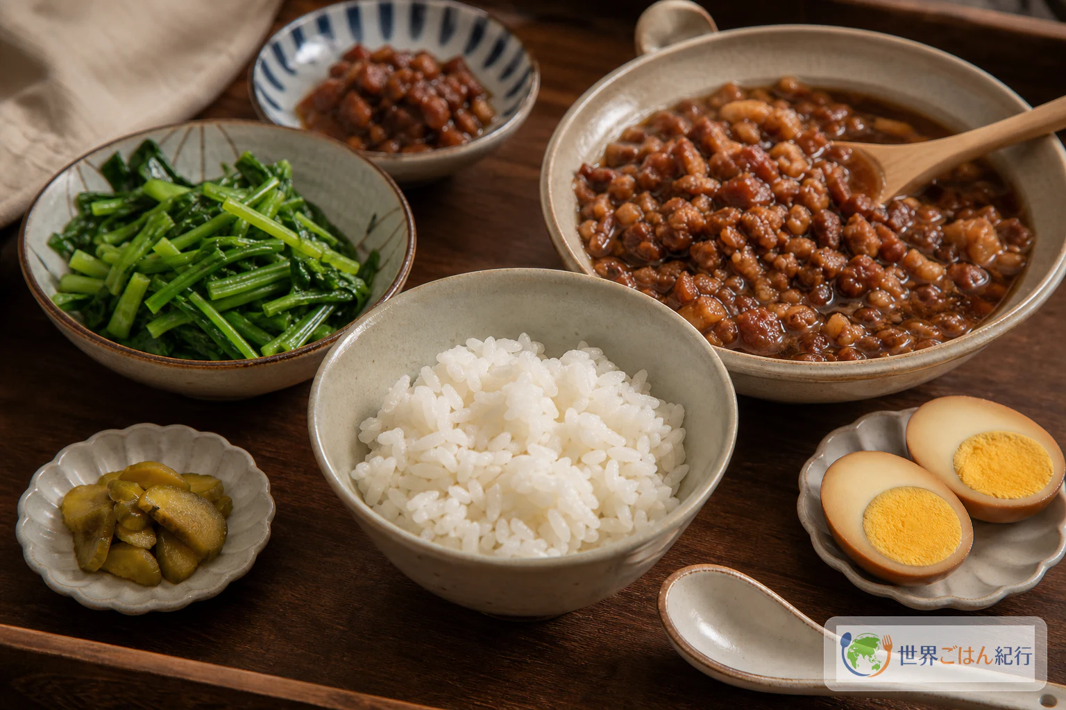 魯肉飯の丼、煮卵、漬物、青菜を食卓に並べ、食べ方を選べるようにした場面