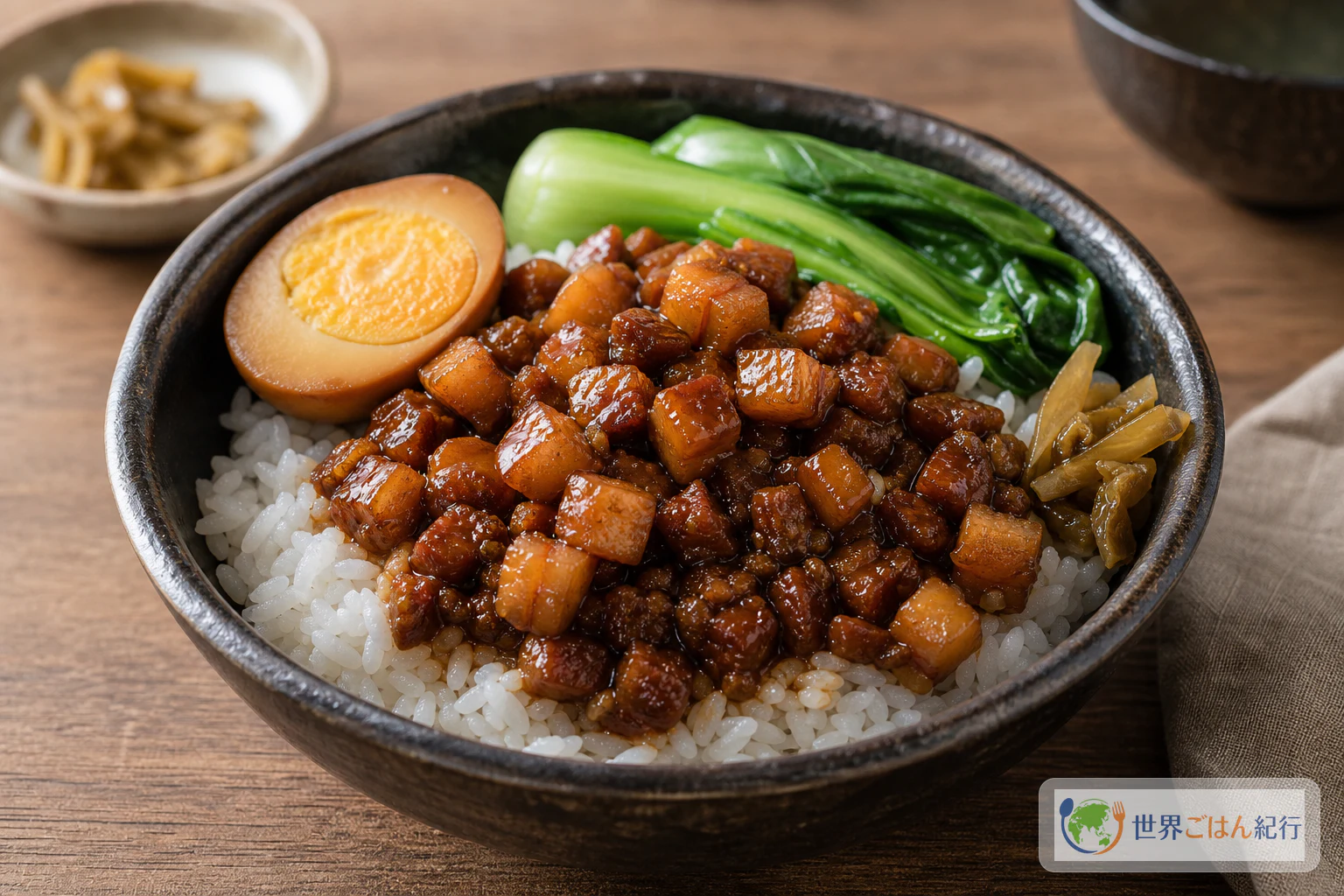 白いごはんに台湾風の煮込み豚と煮卵をのせ、煮汁がつやを作る魯肉飯
