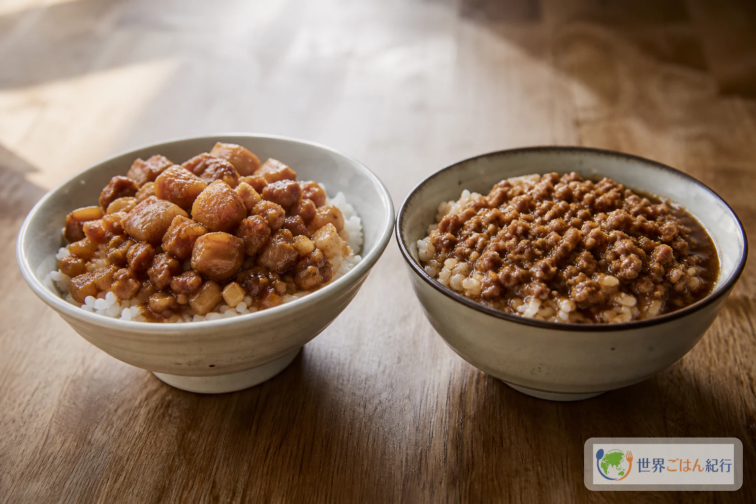 台湾の食堂を思わせるテーブルに、角切りの魯肉飯とひき肉状の肉燥飯を並べた地域差のイメージ