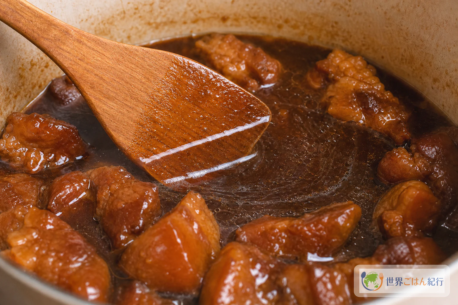 木べらで魯肉飯の煮汁をすくい、細い帯になって落ちる状態を確認する