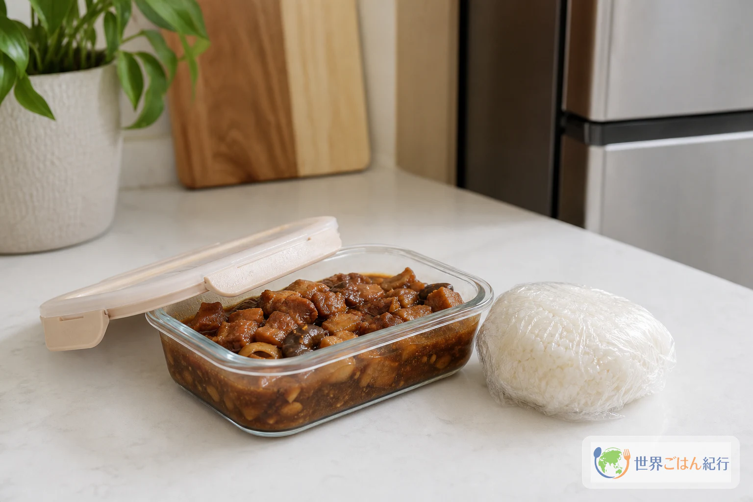 保存容器に小分けした魯肉飯の具と、別に包んだ白米を冷蔵庫へ入れる準備