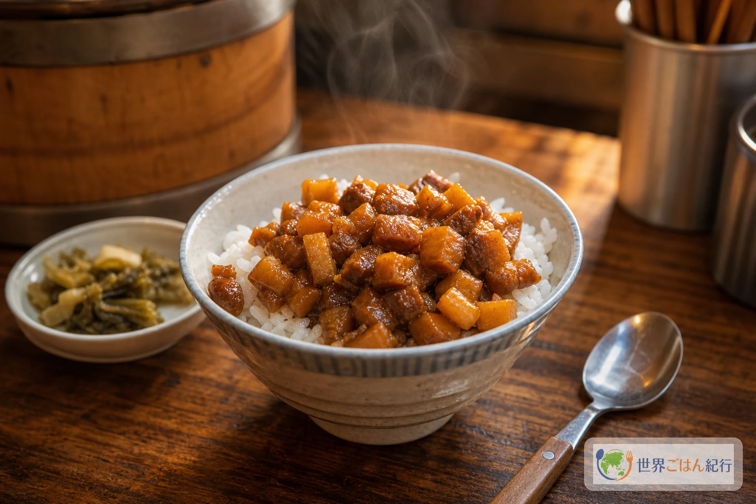 白いごはんに煮込み豚と煮卵をのせた魯肉飯を、木の食卓でいただく場面