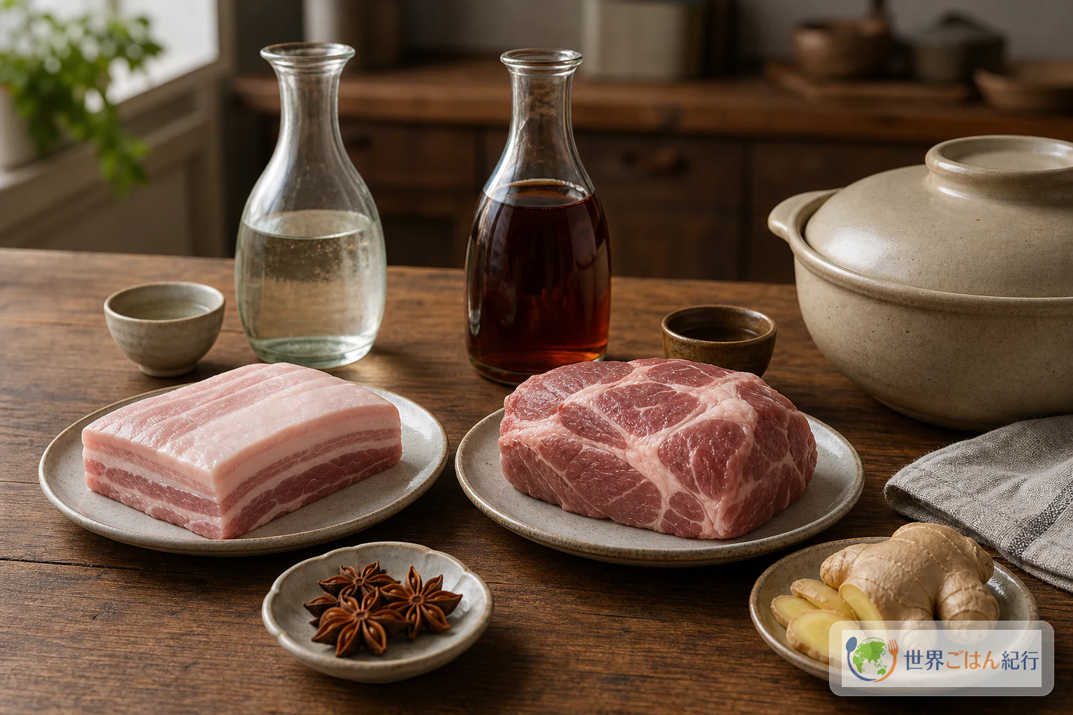豚バラを肩ロース、紹興酒を日本酒に置き換えた材料の比較と、八角を外した煮汁
