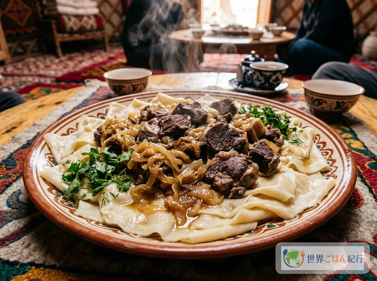 カザフスタンの国民食ベシュバルマク。平打ち麺の上に茹でた羊肉とカラメル玉ねぎが乗った大皿