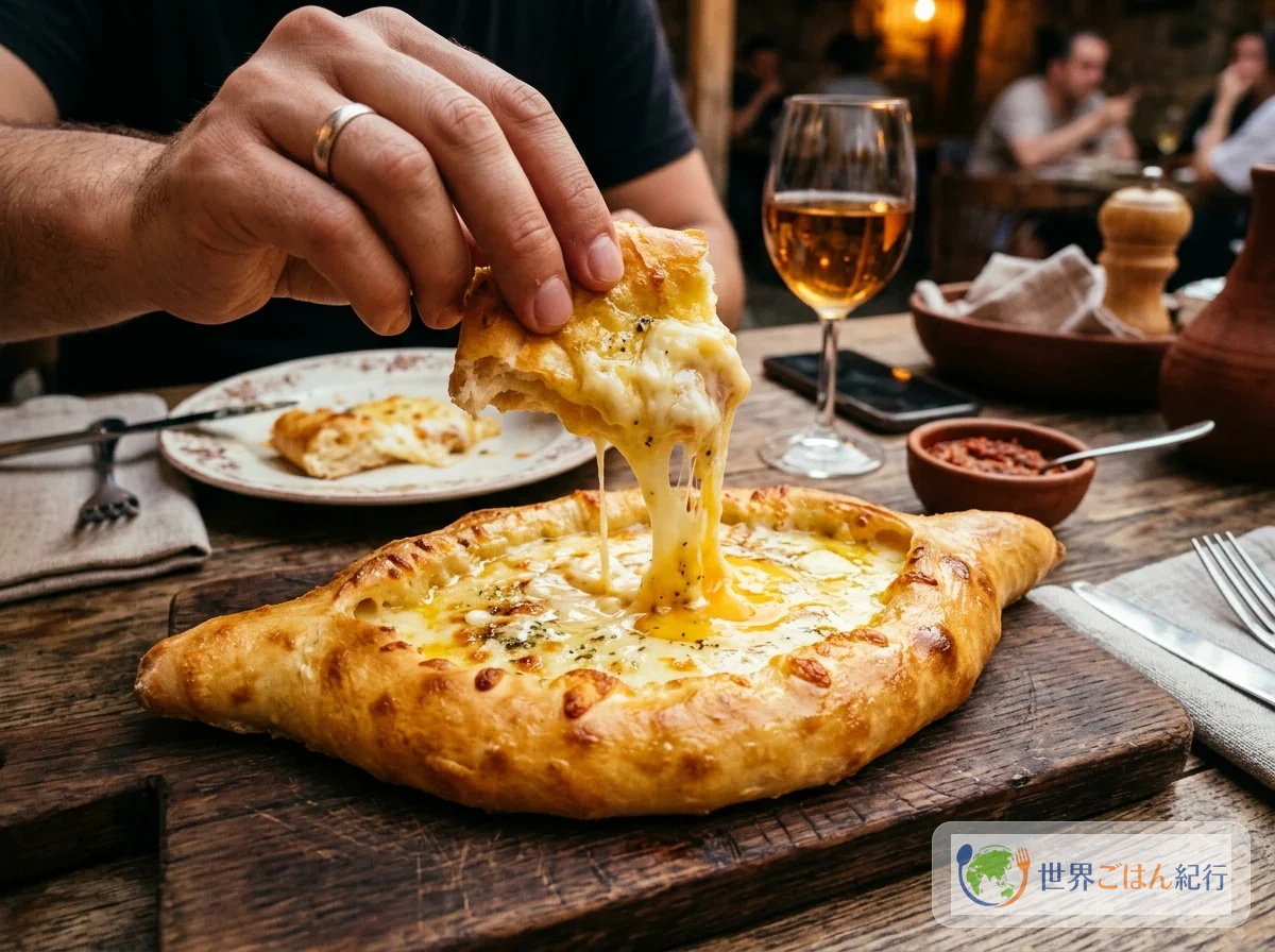 ハチャプリを切り分ける食卓。ジョージア料理の日は調味塩があると副菜が作りやすい