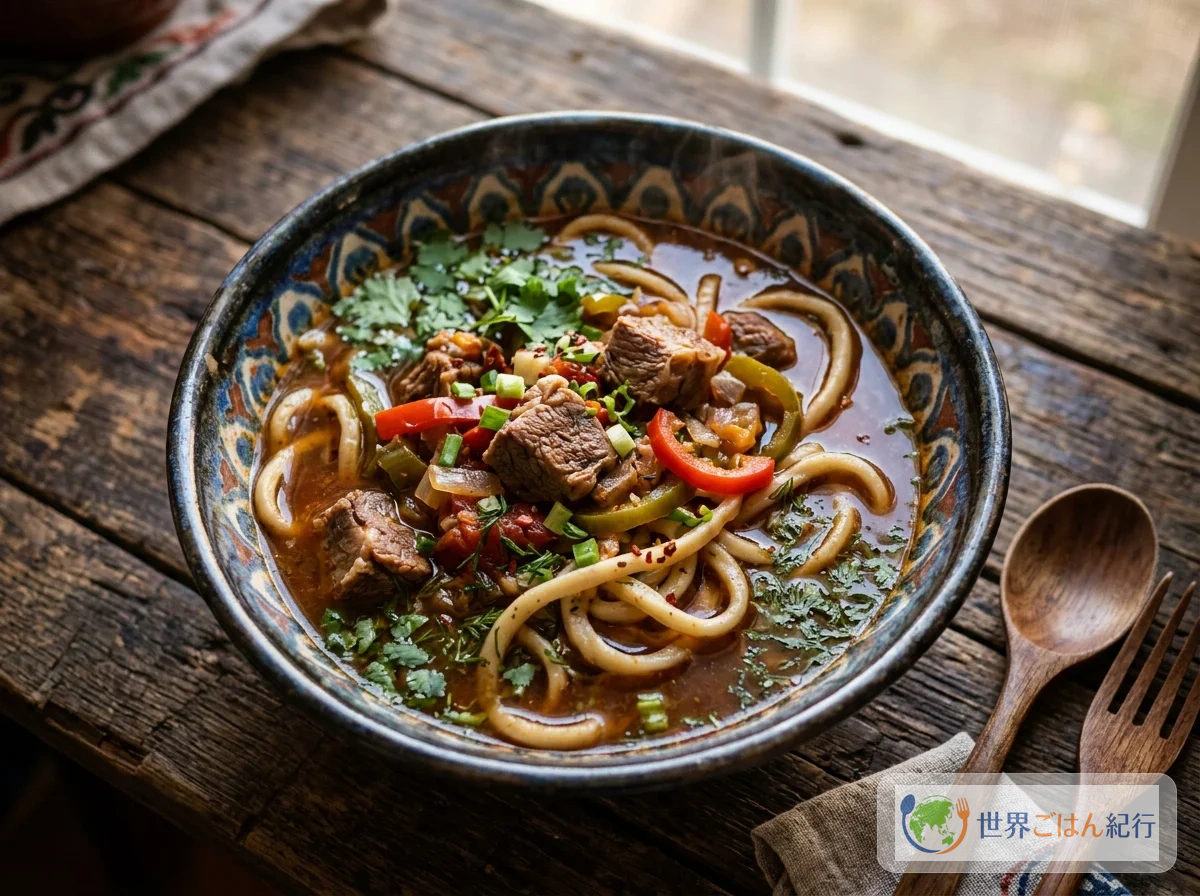 キルギスの伝統的な器に盛られたラグマン。太い手打ち麺の上にラム肉と野菜のトマトベースのスープがたっぷりかかっている