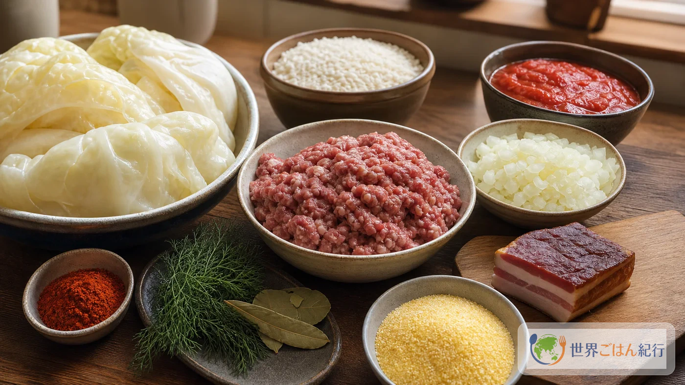サルマーレに使う発酵キャベツ、ひき肉、米、ディル、トマト、ベーコン、コーンミール