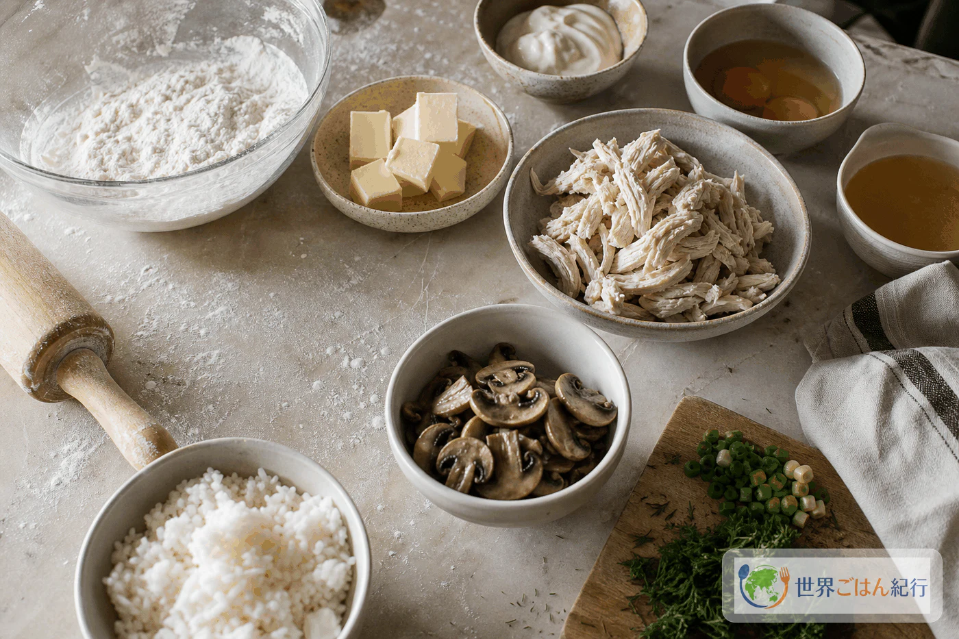 クールニクに使う小麦粉、バター、サワークリーム、鶏肉、米、卵、きのこ、ディルを並べた材料写真