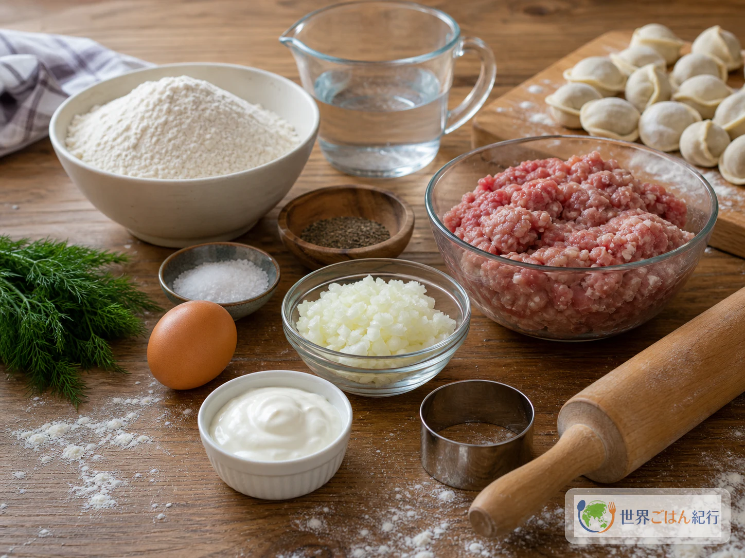 ペリメニに使う粉、卵、合いびき肉、玉ねぎ、ディル、サワークリーム、めん棒を並べた材料写真