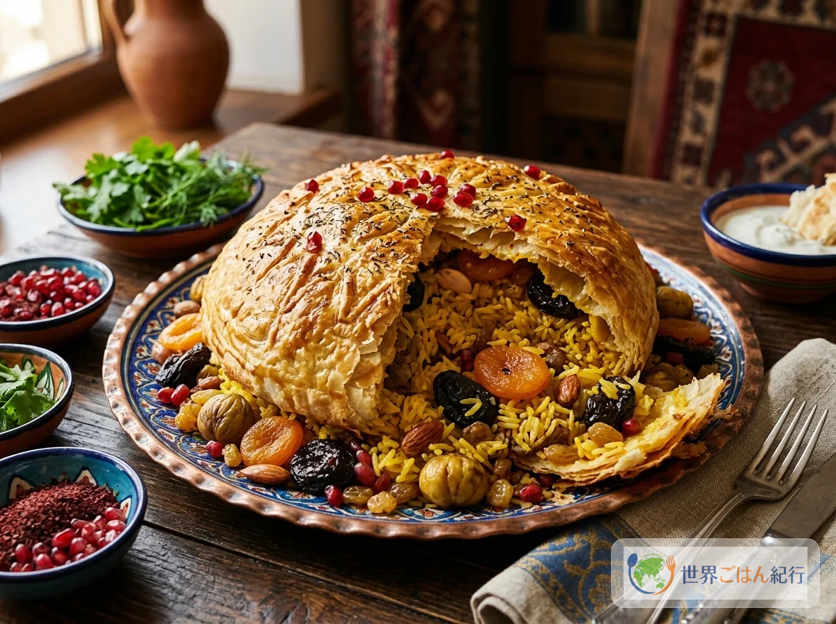 アゼルバイジャンの祝祭料理シャープロフ。サフランで黄金色に輝くパイ生地の中に宝石のようなドライフルーツが散りばめられたピラフが詰まっている