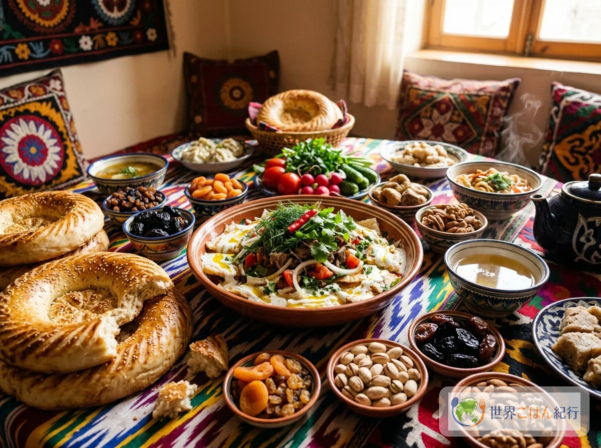 タジキスタンのダスタルハン（食卓布）。クルトブを中心に様々な料理、パン、ドライフルーツが並ぶ