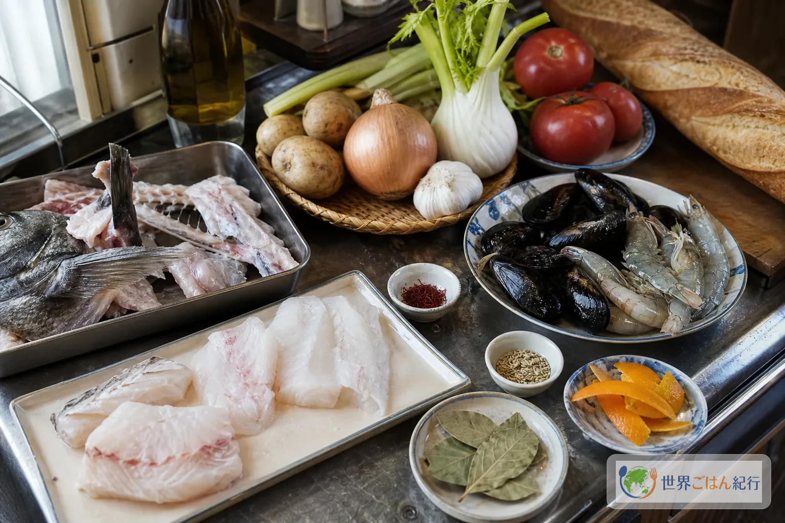 ブイヤベースに使う魚あら、白身魚、海老、ムール貝、じゃがいも、トマト、香味野菜、サフラン、フェンネル、オレンジの皮を台所に並べたところ