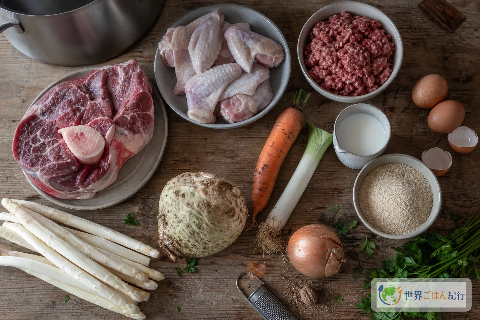 牛すね、鶏手羽、ひき肉、卵、白アスパラ、根菜を並べた材料