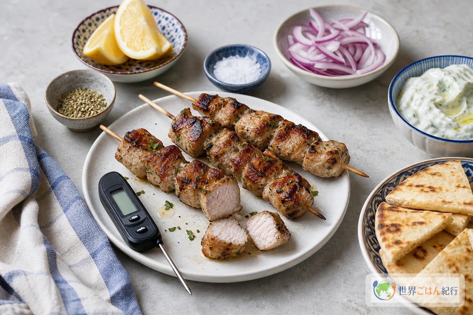レモン、オレガノ、温度計、ザジキ、ピタを並べたスブラキの確認用食卓