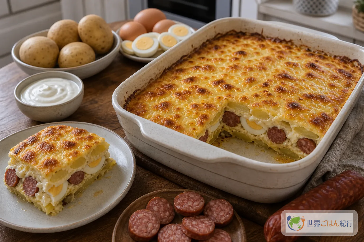 ラコットクルンプリの焼き皿と、じゃがいも、卵、パプリカソーセージ、サワークリームを背景に置いた写真