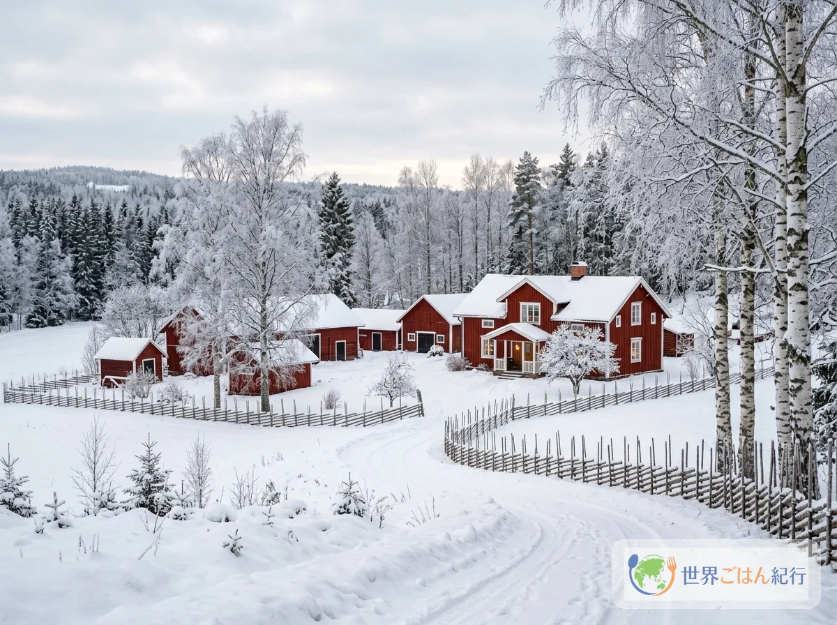 スウェーデンの冬の田園風景。雪に覆われた赤い木造家屋