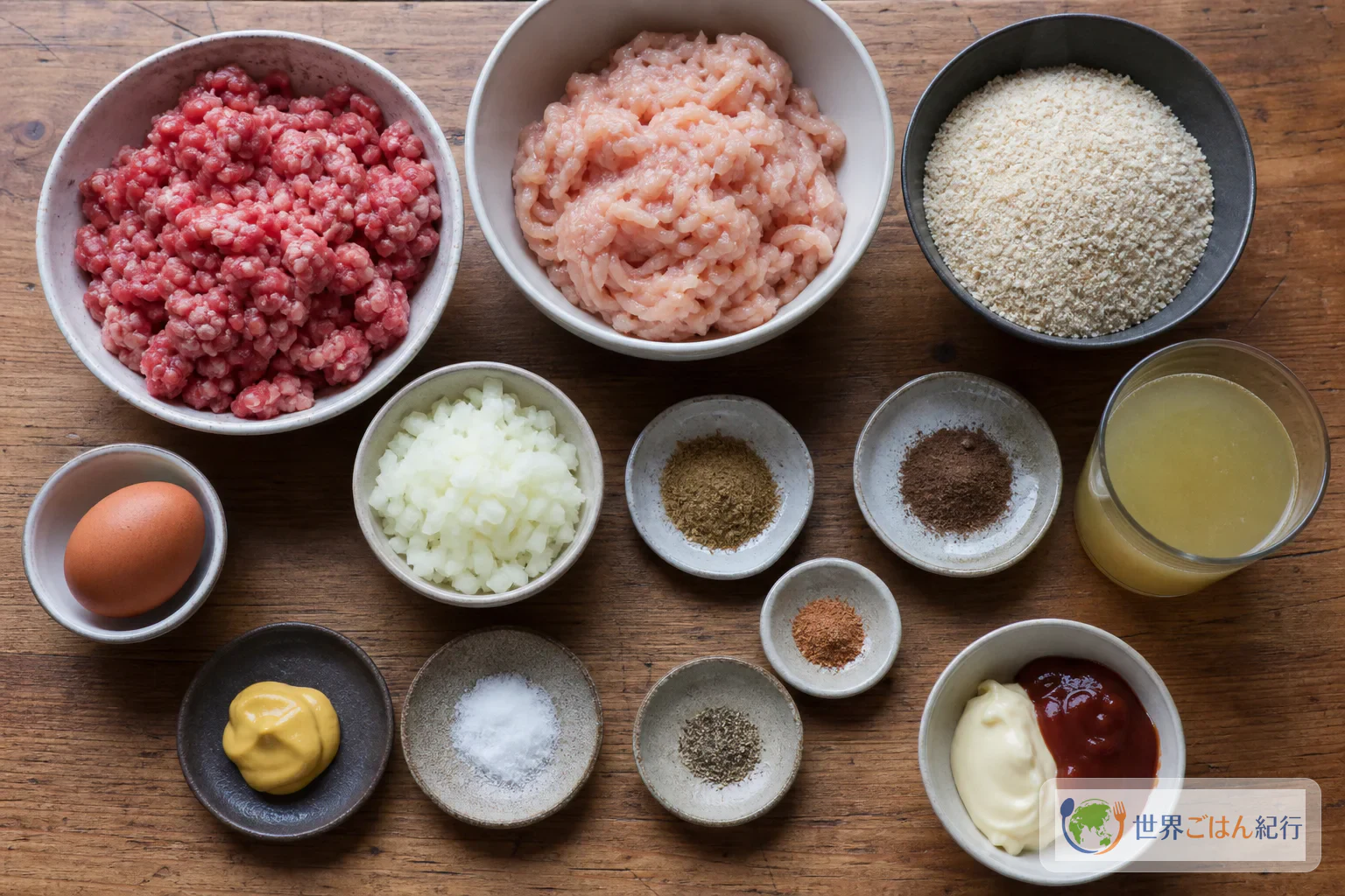 合いびき肉、鶏ひき肉、パン粉、卵、玉ねぎ、スパイスを並べたフリカンデルの材料