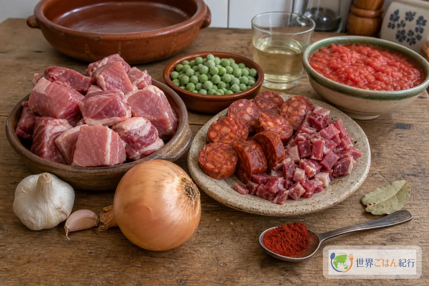 豚肉、チョリソ、ハモン、グリーンピース、トマト、白ワイン、スモークパプリカを並べた材料